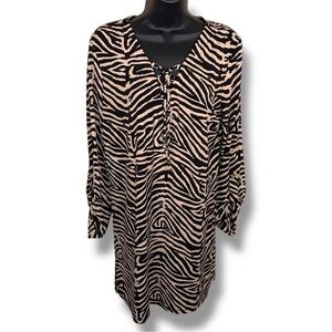 Medium MICHAEL KORS Zebra Print Tunic Blouse Top Stretch  Vneck Roll Tab Sleeve